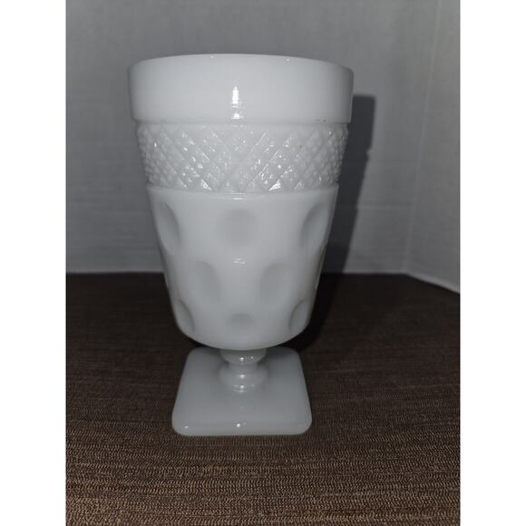 2 Vint Opal McKee Milk Glass Pedestal Stem Goblet Tea Glasses Thumbprint Design - Picture 3 of 5